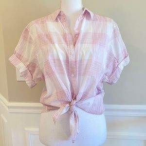 Express Pink Plaid Pattern Short Sleeve Button Up